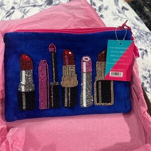 Two's Company Embroidered Lipstick Pouch Turquoise Beaded Sequins Crushed Velvet